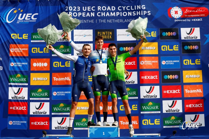 2023 UEC Road European Championships - Drenthe - Junior Men's Road Race - Drijber - Col Du VAM 111 km - 23/09/2023 - Anze Ravbar (Slovenia) - Matys Grisel (France) - Zak Erzen (Slovenia) - photo Luca Bettini/SprintCyclingAgency?2023